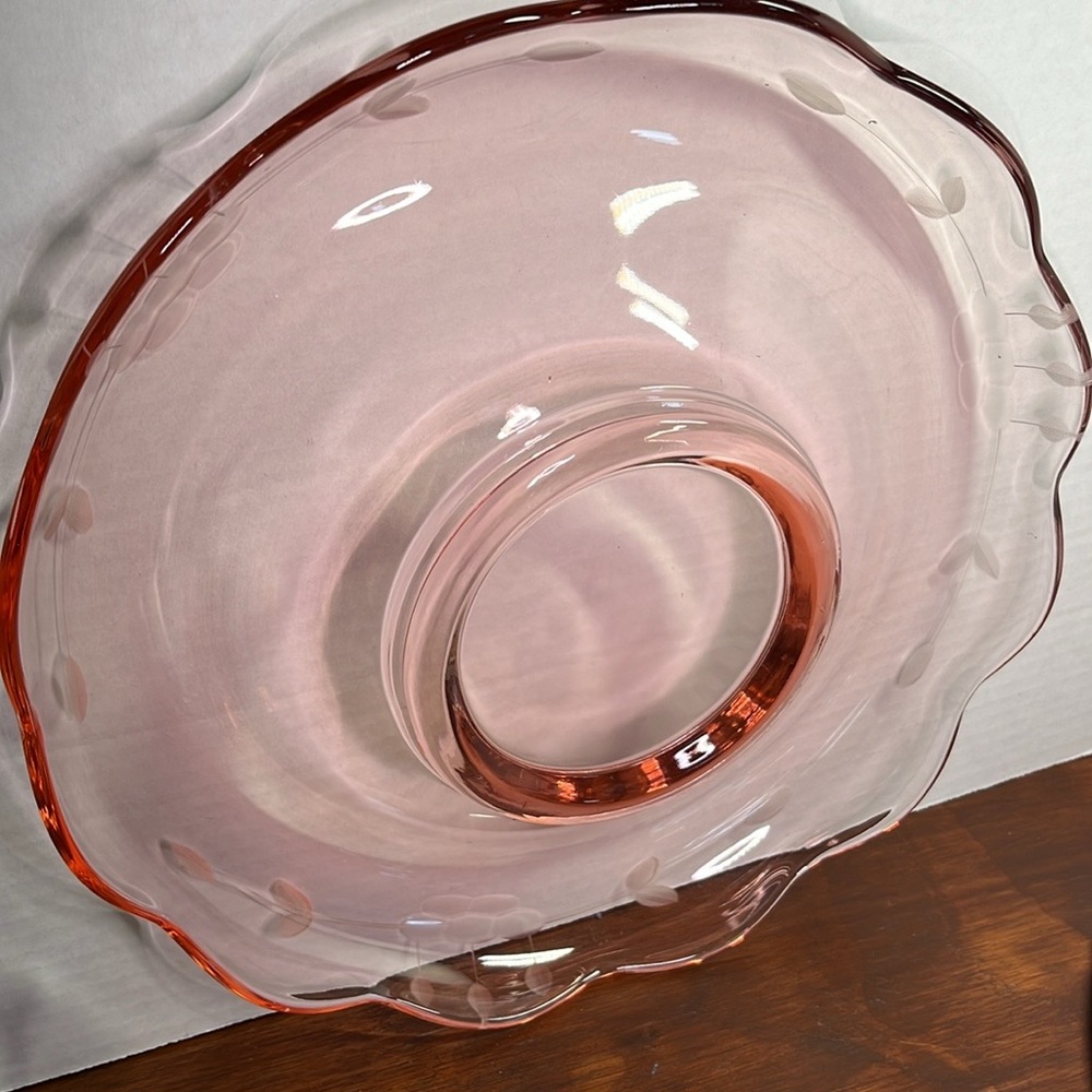 Vintage Cambridge Pink Depression Glass Console Bowl Acid Etched Floral 10.5”